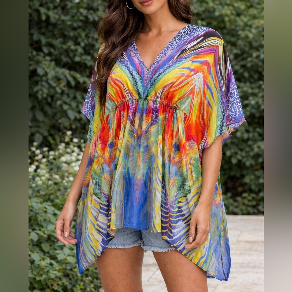 Luli Fama Agua de Fuego Long Caftan-M/L-Cover Up Resortwear Artsy Colorful Top